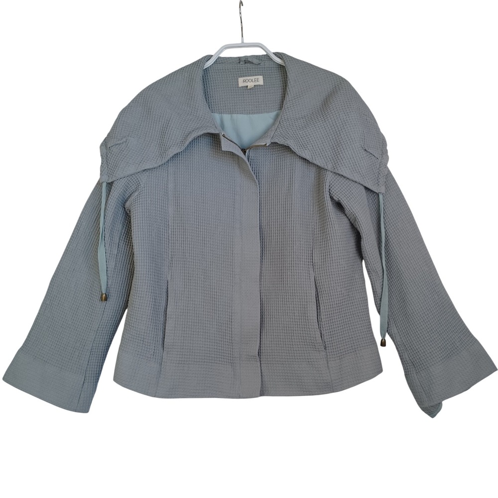 ROOLEE Womens Waffle Knit Zip Front Jacket Sage Green Oversized Collar Size M